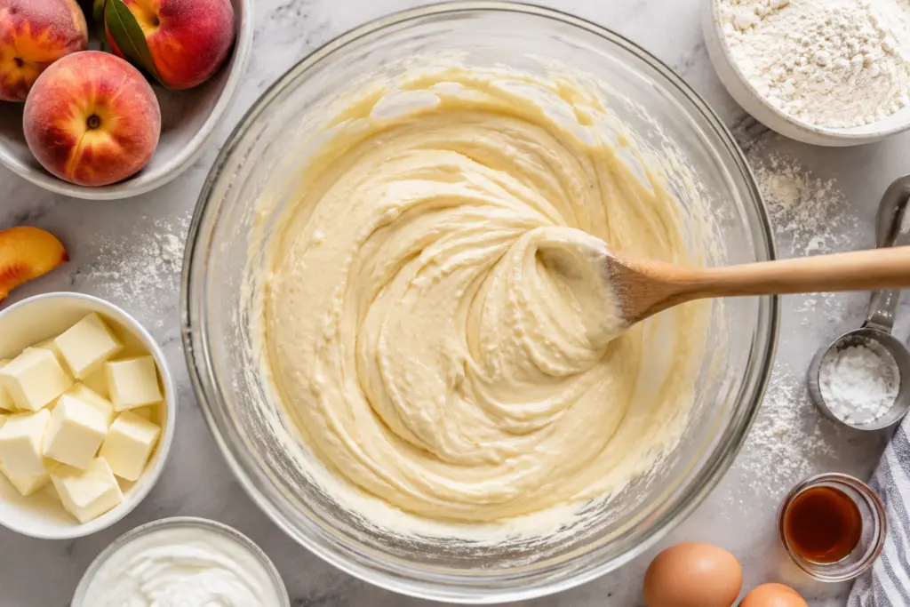 Easy Fresh Peach Cake (With Greek Yogurt) 3 Baking preparation of fresh peach cake batter