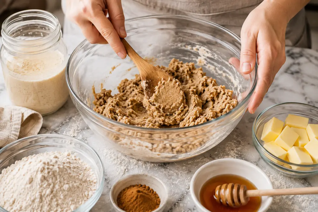 sourdough graham crackers preparations on a marble countertop