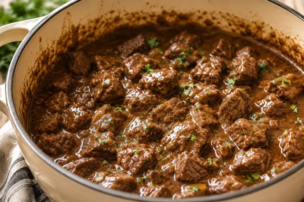 Best Beef Tips with Gravy Recipe 5 Slow Simmer beef tips with gravy in Dutch Oven