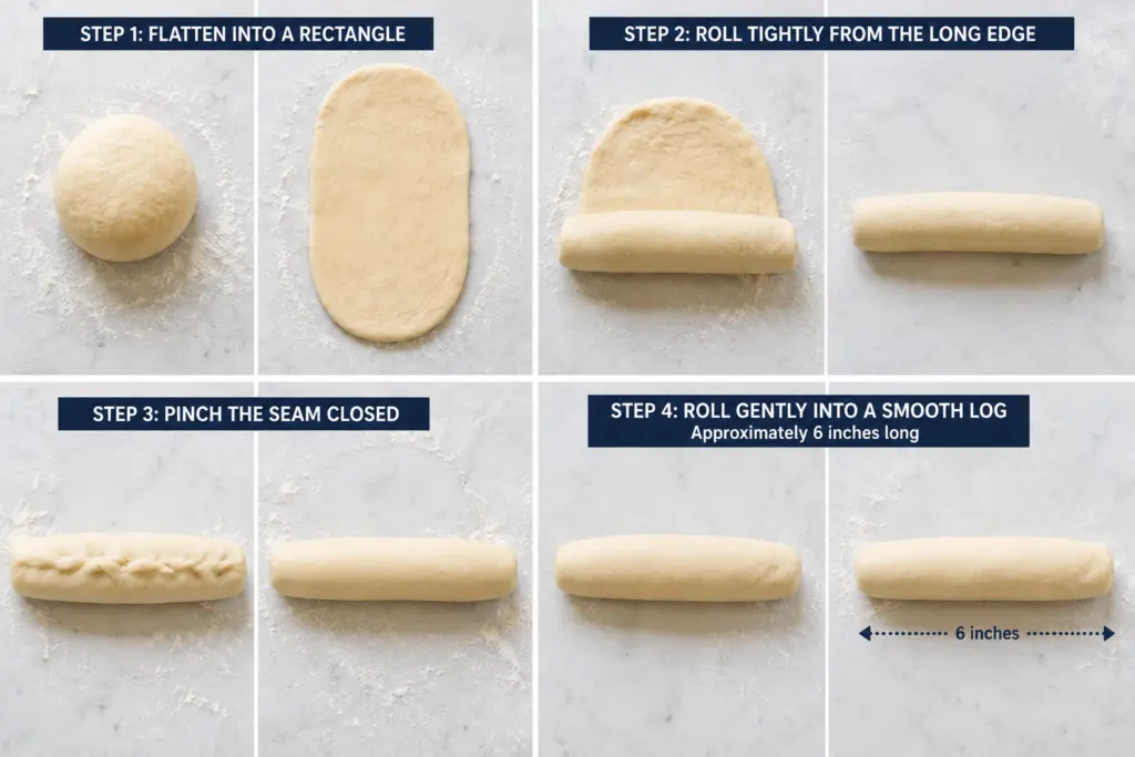 Sourdough Hot Dog Buns Recipe (Overnight Option) 6 Bun shaping tutorial on marble