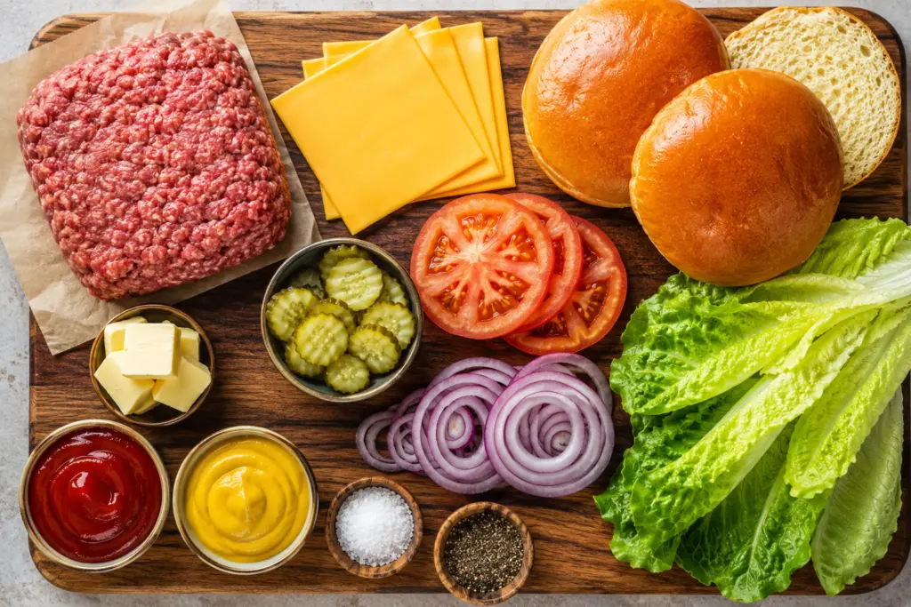 Skillet Cheeseburgers assembly flat lay on wooden board