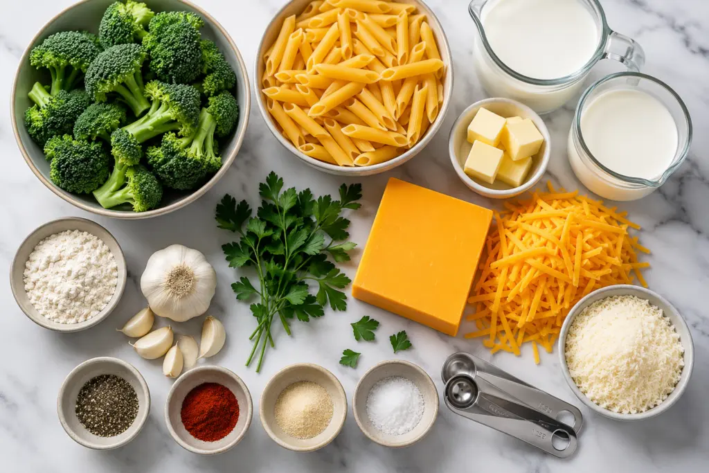 cheddar broccoli pasta prep ingredients