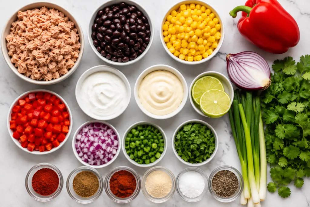Colorful Mexican tuna salad ingredients on marble counter