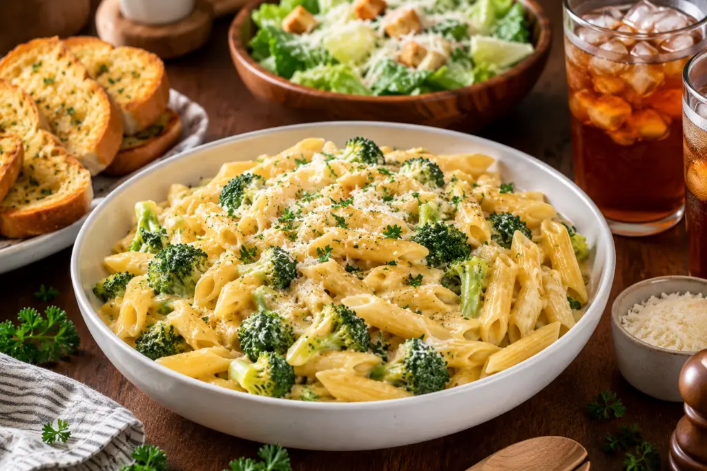 Comforting cheddar broccoli pasta meal on rustic table