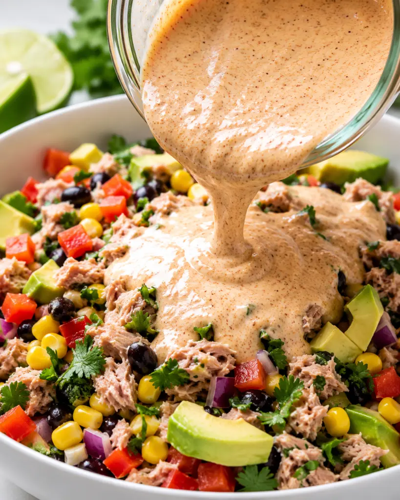 Homemade Creamy dressing over vibrant salad