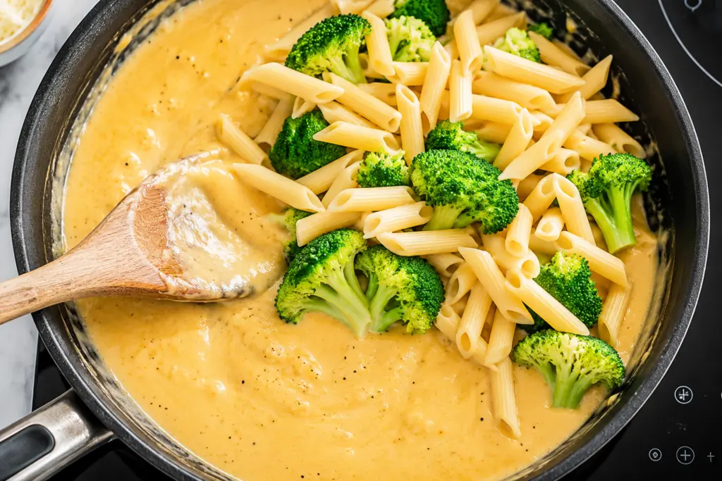 Mixing cheddar broccoli pasta in skillet