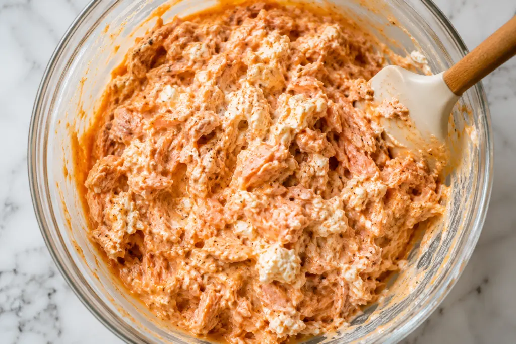 Viral TikTok Salmon Sushi Bake Recipe 4 Creamy salmon sushi bake mixture