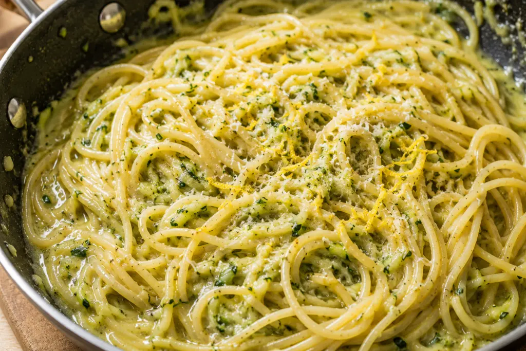 Delicious Zucchini Pasta Sauce 4 Creamy zucchini pasta in skillet