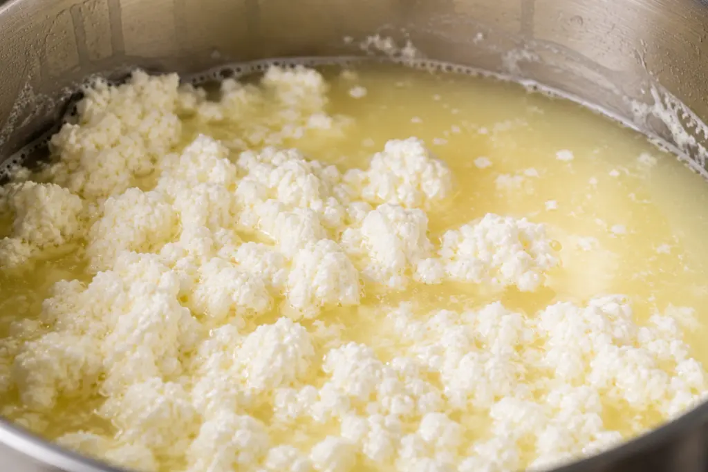 2-Ingredients Homemade Ricotta Cheese 5 Curds and whey in stainless pot