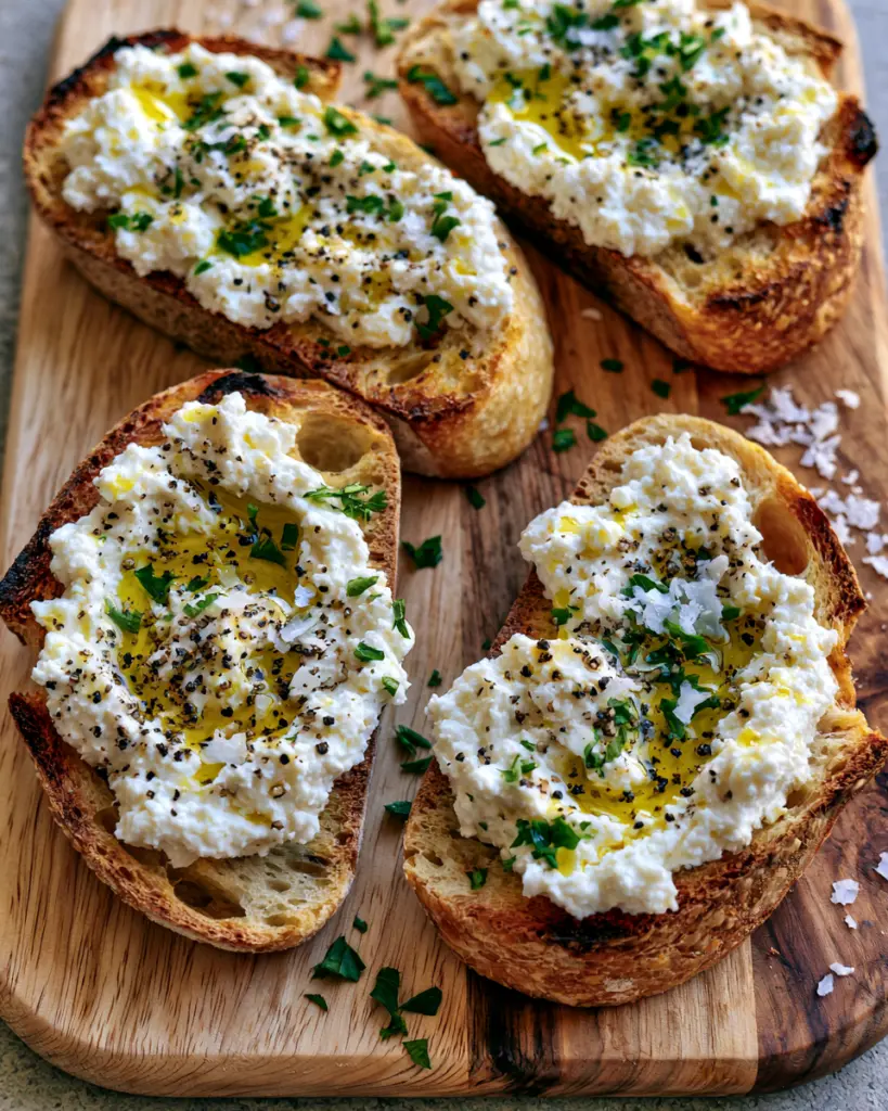 2-Ingredients Homemade Ricotta Cheese 8 Golden toasted sourdough bread spread generously with homemade ricotta cheese