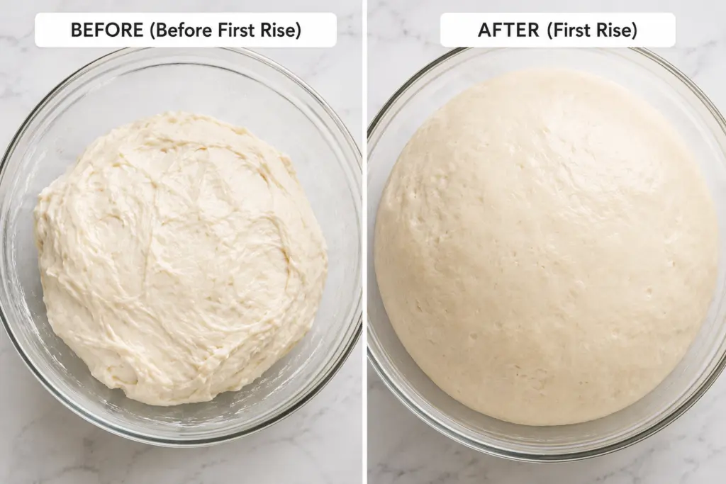 Sourdough Hot Dog Buns Recipe (Overnight Option) 4 Dough transformation before and after rising
