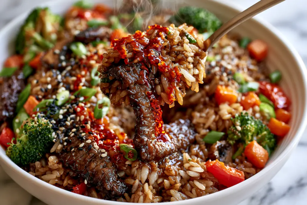 Easy Sticky Beef Fried Rice 6 Sticky Beef Fried Rice Serving with drizzle of chili oil