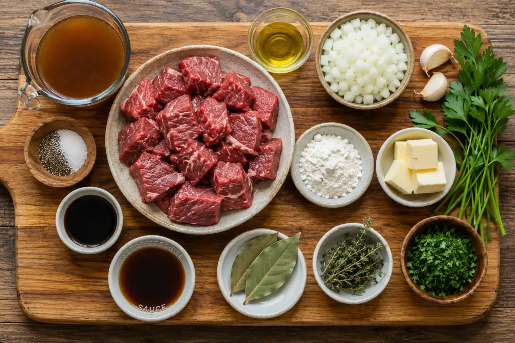 Best Beef Tips with Gravy Recipe 2 Beef Tips with Gravy ingredients overhead