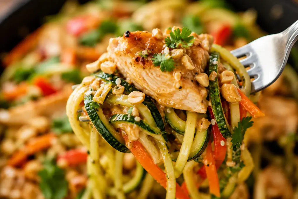 Forkful of flavorful noodles and chicken 