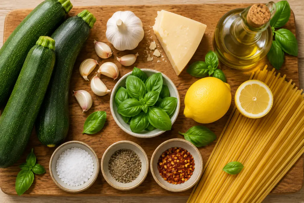 Delicious Zucchini Pasta Sauce 3 Fresh Zucchini Pasta Sauce ingredients on a wooden board