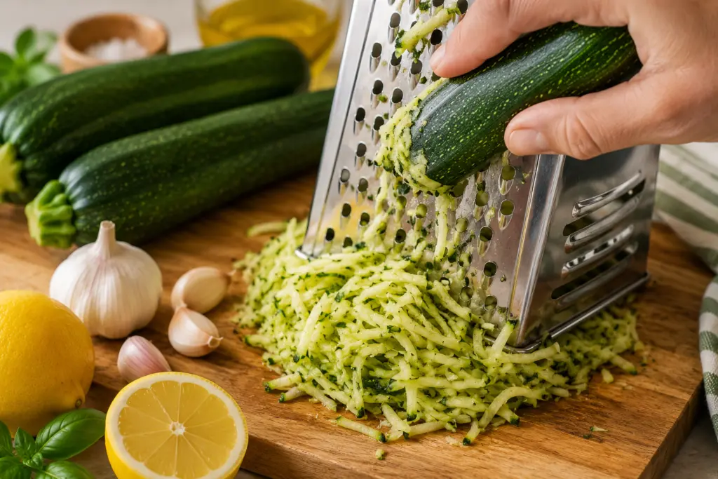 Delicious Zucchini Pasta Sauce 2 Grating zucchini in a cozy kitchen