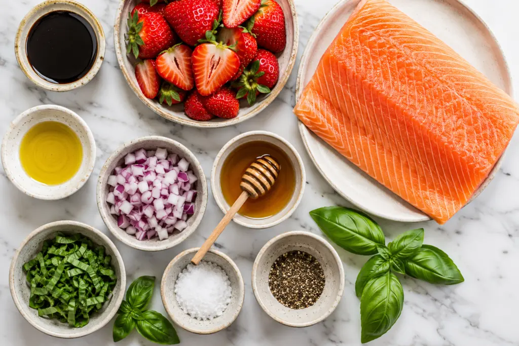 Strawberry Balsamic Glazed Salmon Recipe 2 Ingredients Flat Lay for Strawberry Balsamic Glazed Salmon