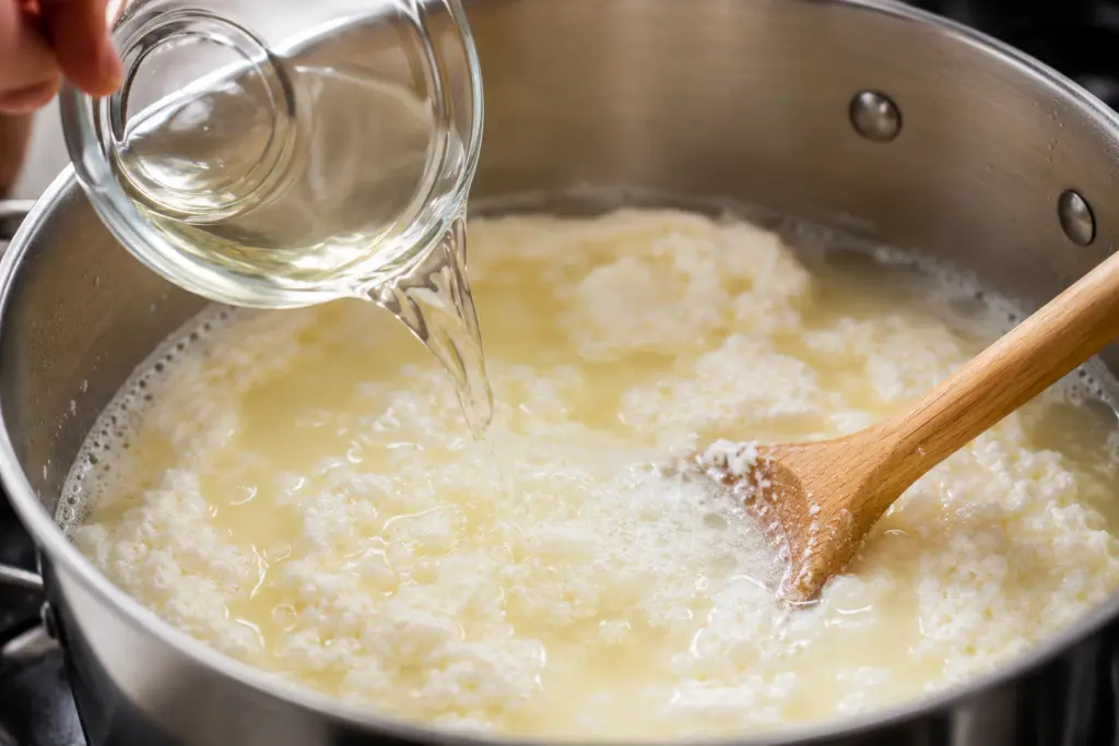 2-Ingredients Homemade Ricotta Cheese 4 Pouring liquid into curdled milk