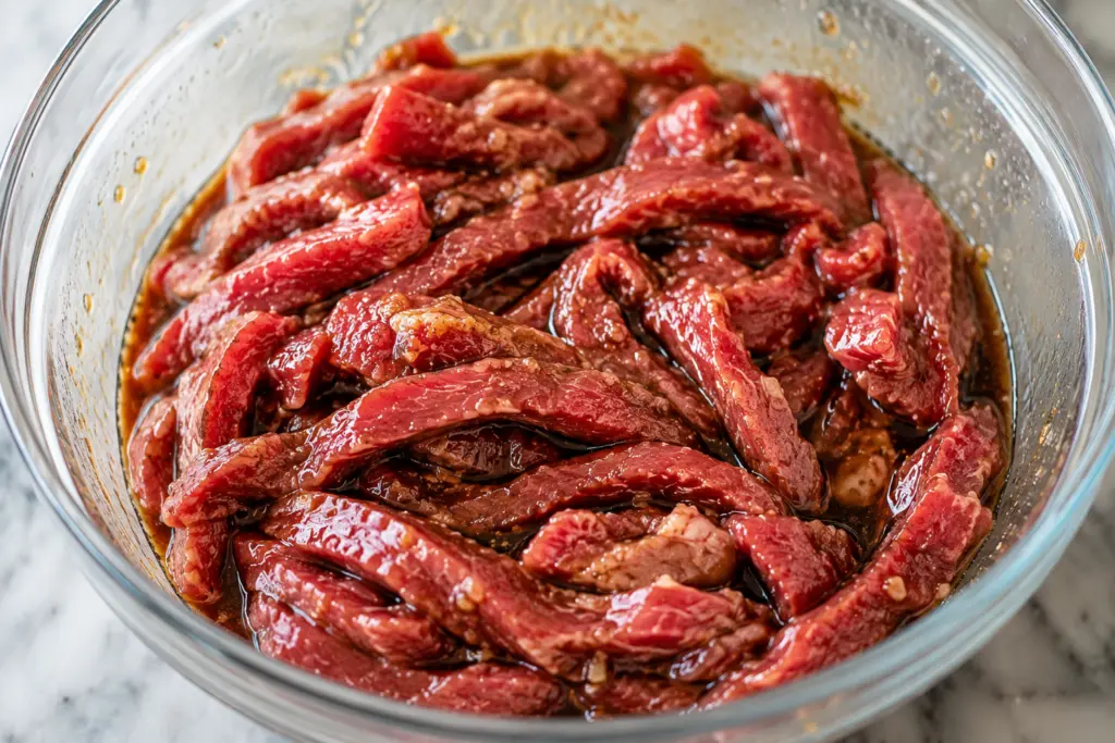 Easy Sticky Beef Fried Rice 3 Marinating beef strips in a bowl