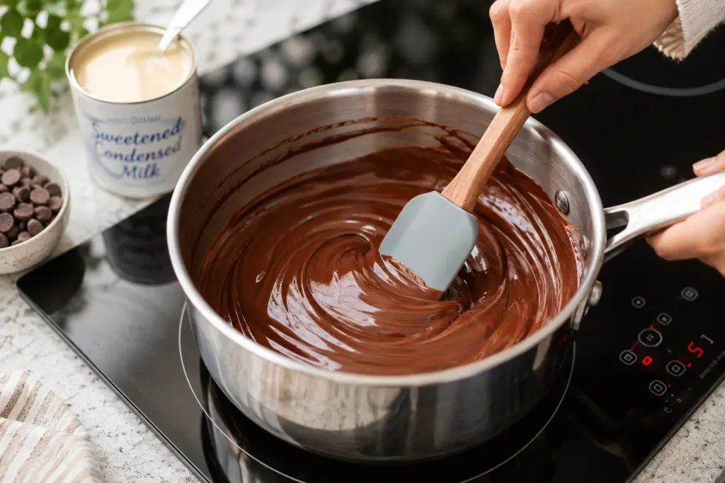 Melt chocolate chips and sweetened condensed milk Together