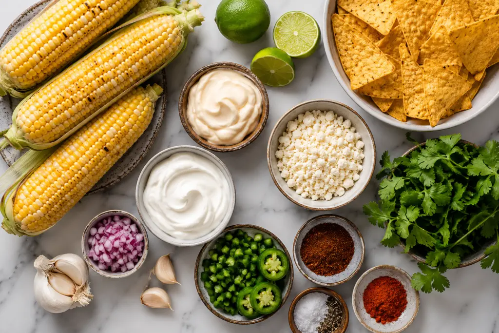 Loaded mexican street corn dip Recipe 3 Mexican food prep flat lay