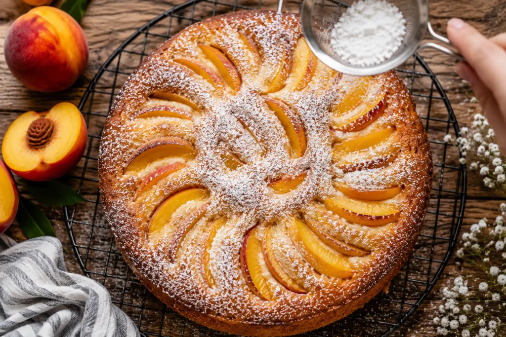 Easy Fresh Peach Cake (With Greek Yogurt) 5 Fresh Peach cake dusted with powdered sugar