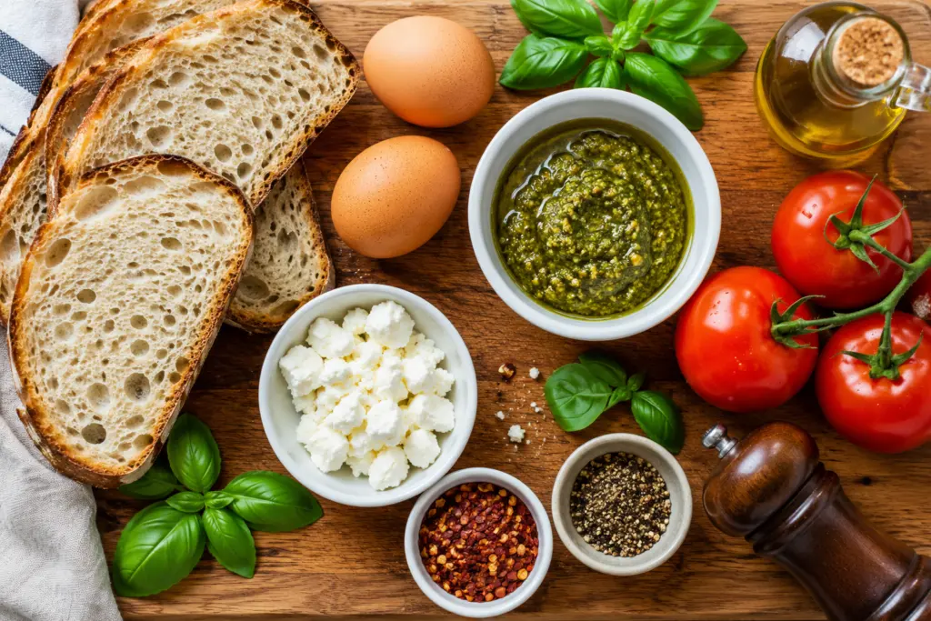 5-Minute Breakfast with Pesto Eggs 2 Pesto Eggs ingredients flat-lay