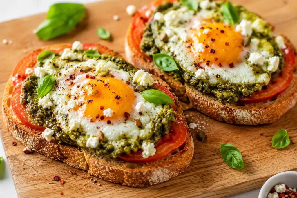 5-Minute Breakfast with Pesto Eggs 5 Rustic toasts with pesto eggs
