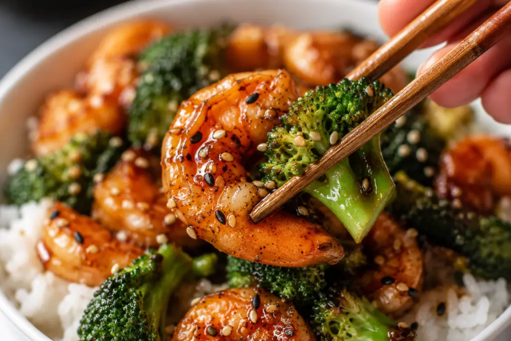 Savoring shrimp and broccoli stir-fry served over white rice