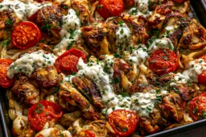 Sheet Pan Chicken Shawarma Recipe with Creamy Garlic Sauce