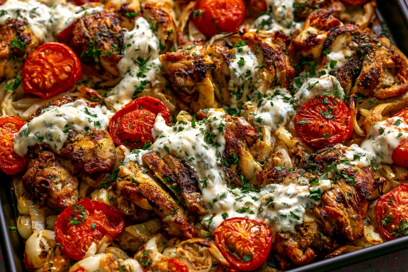 Sheet Pan Chicken Shawarma Recipe with Creamy Garlic Sauce