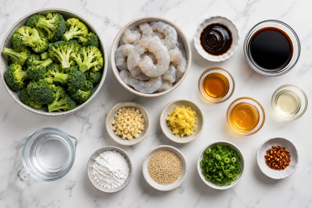 flat lay of Shrimp and Broccoli Stir Fry Ingredients