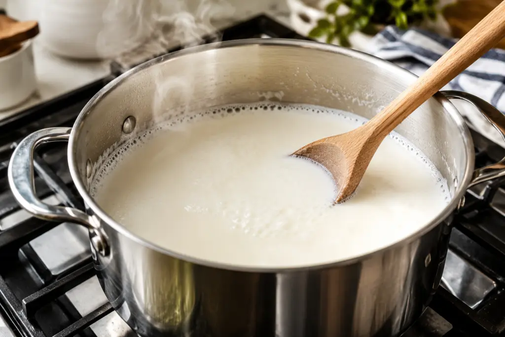 2-Ingredients Homemade Ricotta Cheese 3 Simmering milk for homemade ricotta cheese