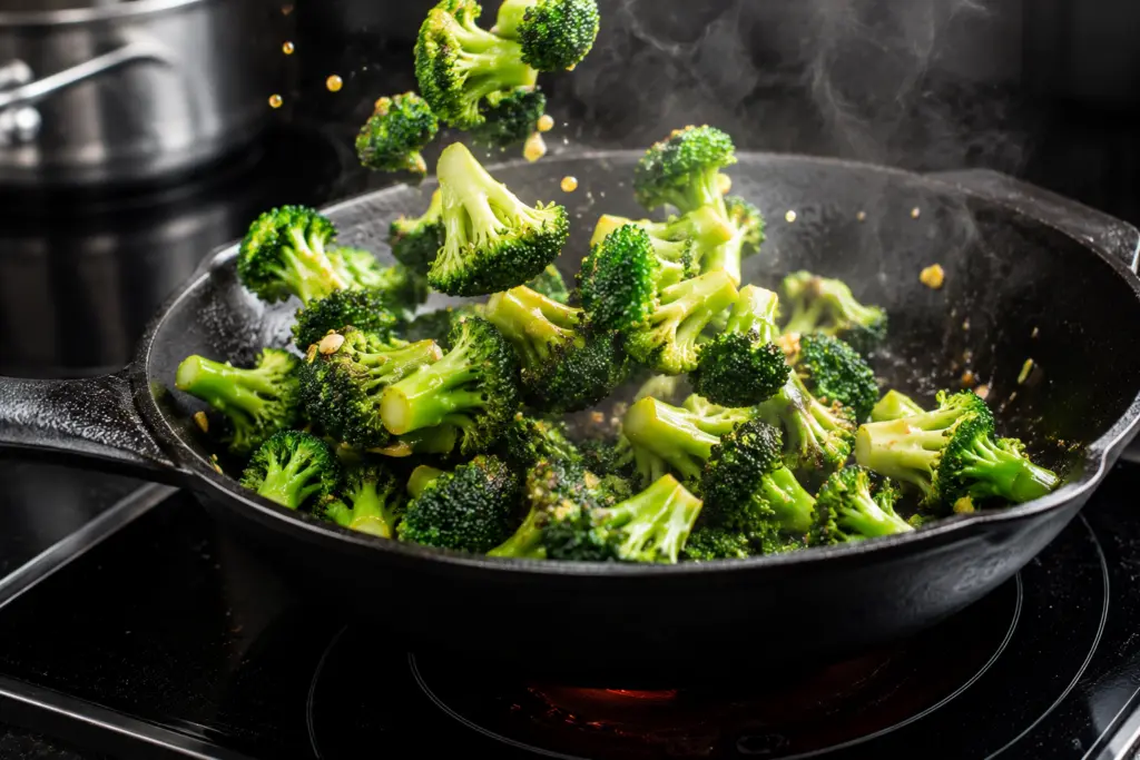 Sizzling broccoli in cast-iron skillet