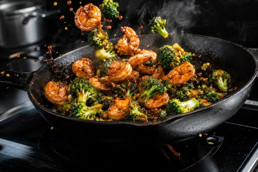 cooking shrimp and broccoli stir fry 