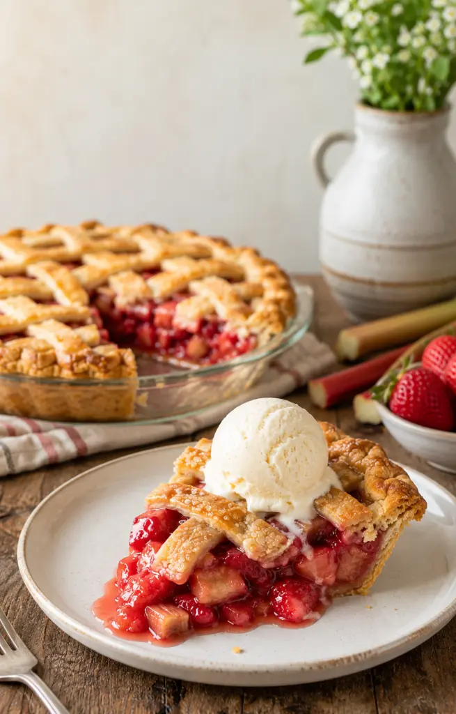 strawberry rhubarb pie serving with ice cream