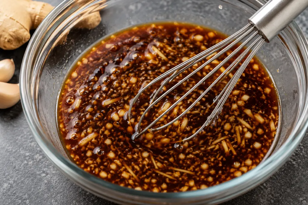 Whisking a rich soy sauce marinade 
