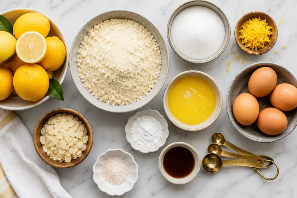 a beautiful flat lay of ingredients for flourless lemon cake