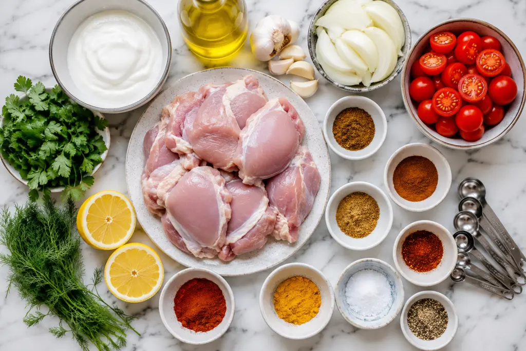 flat lay of all ingredients for sheet pan chicken shawarma