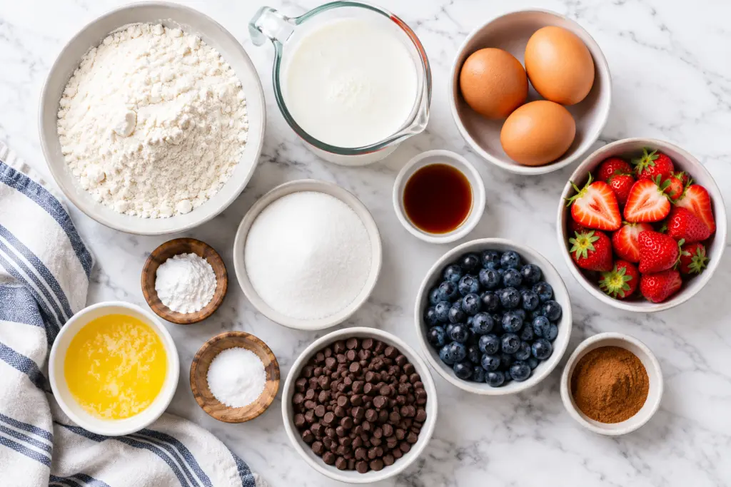Sheet Pan Buttermilk Pancakes Recipe 2 Overhead flat lay of ingredients for Sheet Pan Buttermilk Pancakes