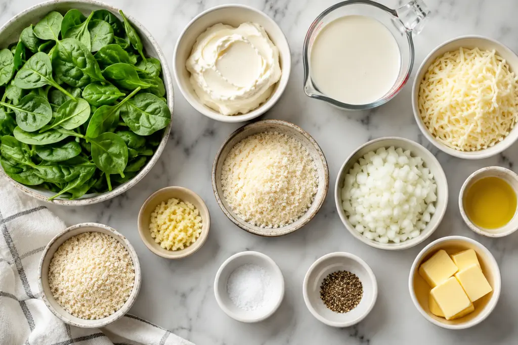 Fresh ingredients for creamy spinach gratin