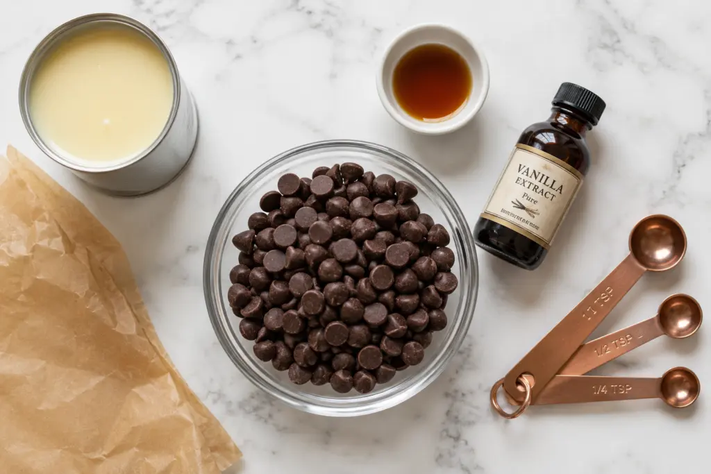 Flat lay of ingredients for homemade condensed milk fudge