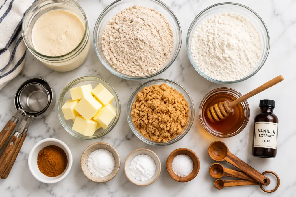 flat lay of ingredients for sourdough graham crackers