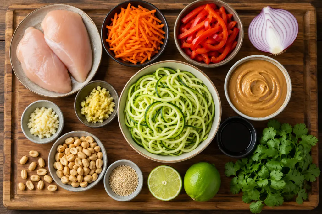 Flat lay of peanut chicken zucchini noodles Ingredients