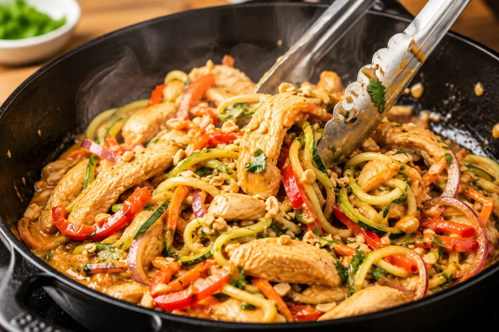 Gently toss peanut chicken zucchini noodles