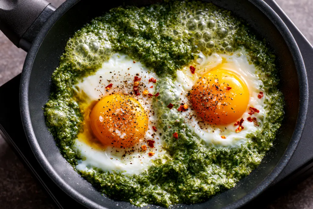 5-Minute Breakfast with Pesto Eggs 4 Fried pesto eggs