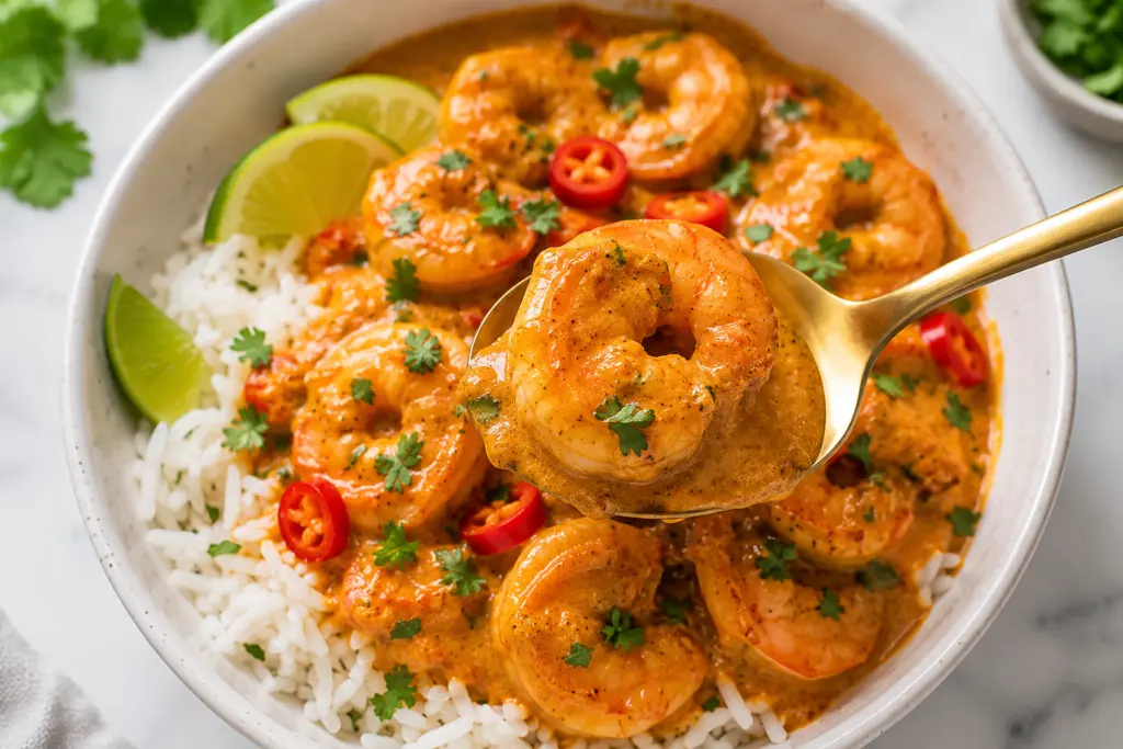 Easy Shrimp Curry Recipe 6 Shrimp curry served with rice and herbs