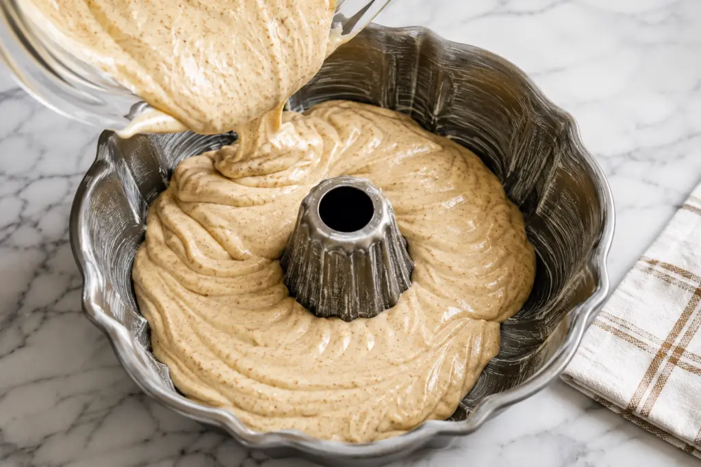 Apple Cider Cake Batter Pouring Into Bundt Pan
