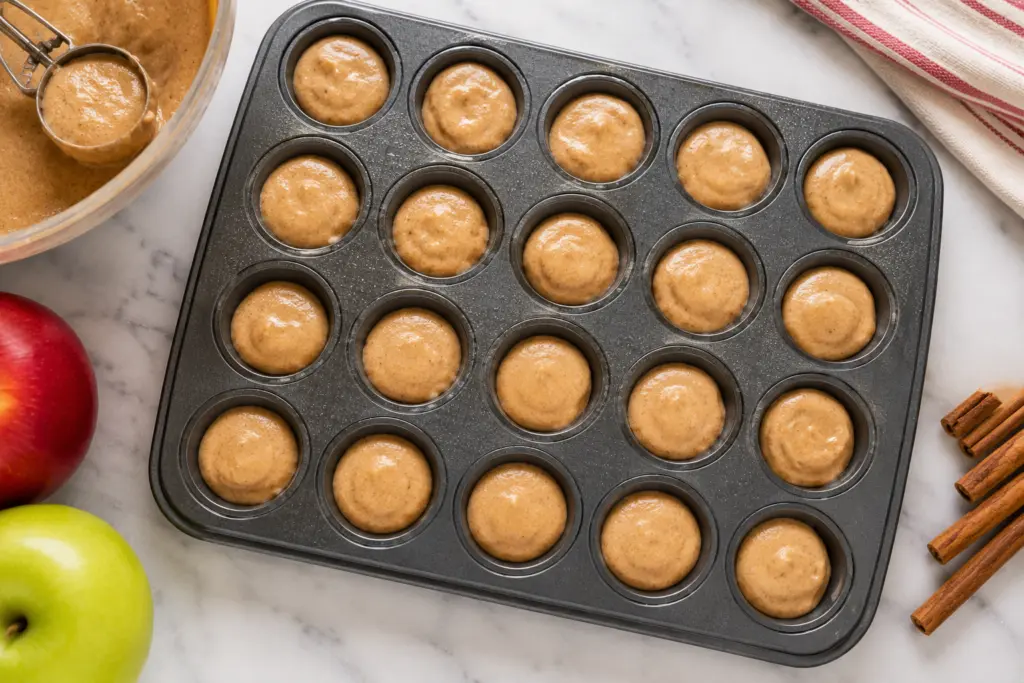Easy Apple Cider Donut Holes Recipe 3 Scoop the Apple Cider Donut Holes Batter in mini muffin pan