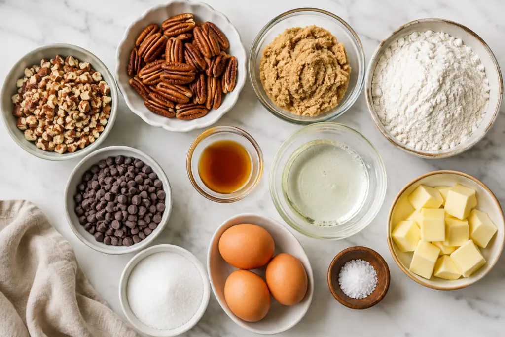 Baking Ingredients Flat lay of Pecan Chocolate Pie Bars